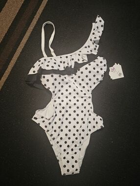 YMI White & Black Polka Dot One-Shoulder Swimsuit